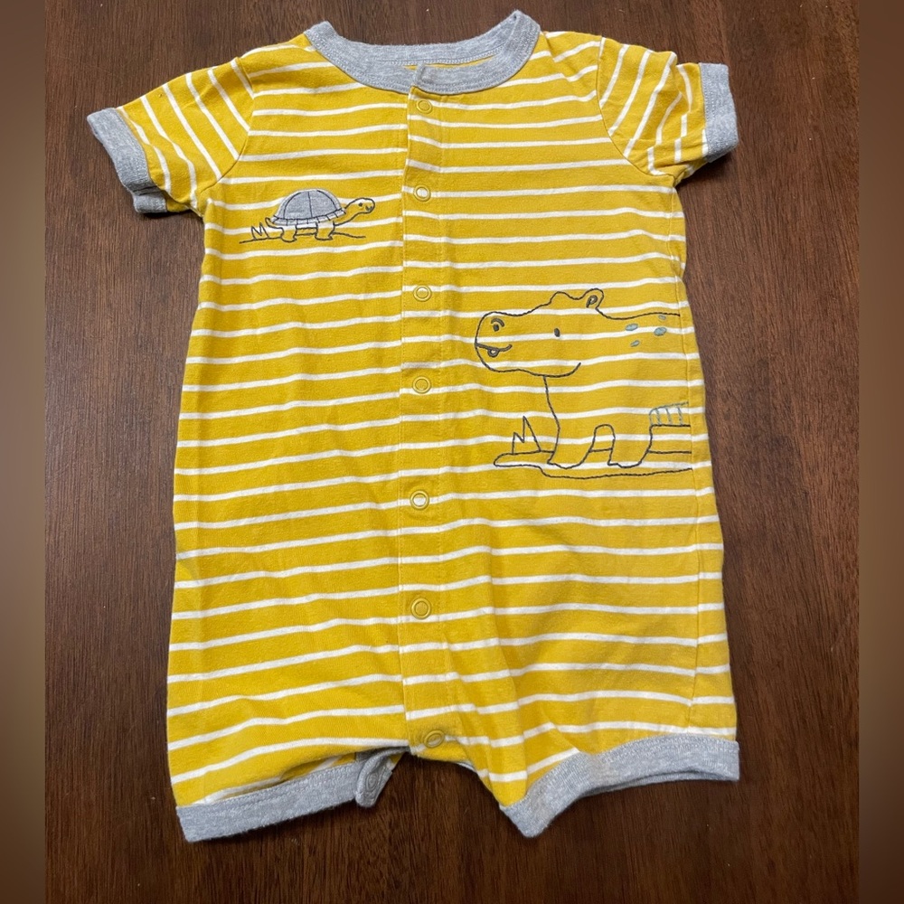 Yellow Striped Baby Romper with Hippo & Turtle Embroidery